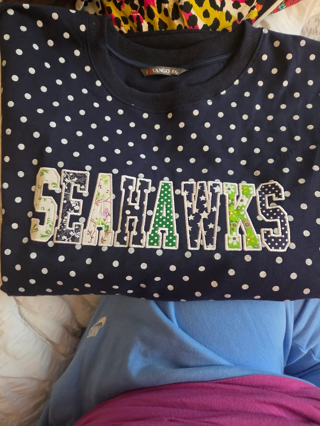 Customer photo review of Custom Patchwork Fabric Embroidered Polka Dot Sweatshirt Team and School Name Applique Varsity Letters | Game Day Wear