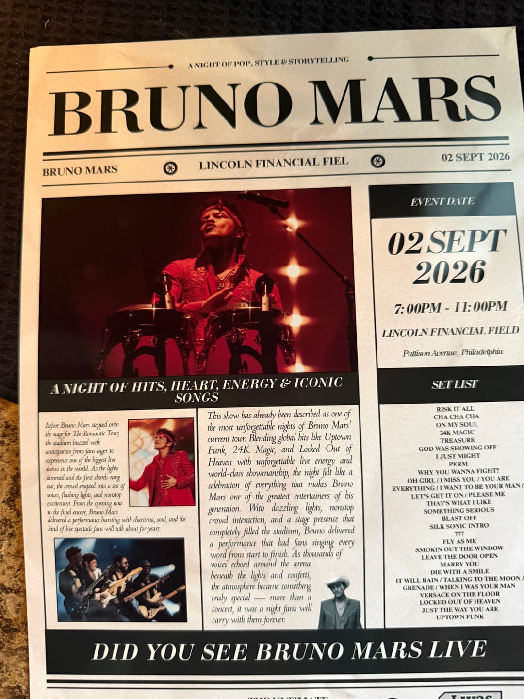 Customer photo review of Bruno Mars - Personalised Newspaper Style Concert Poster (USA Tour)