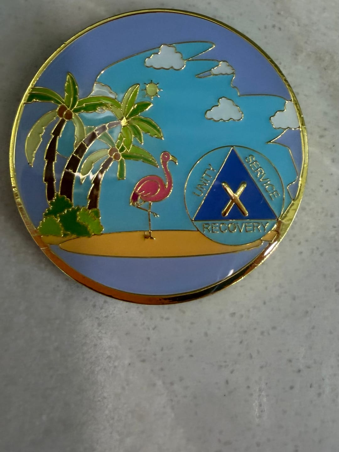 Customer photo review of 10 Year Beach Themed Specialty Tri-Plated AA Recovery Medallion - Ten Year Chip/Coin