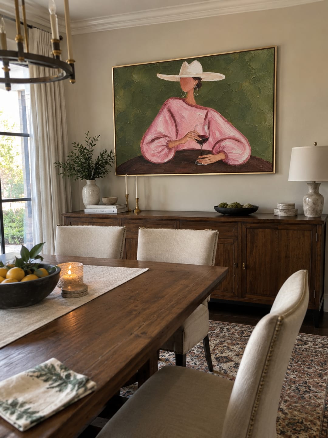 Customer photo review of Pink Sleeves Hold Wine – Pink Sleeve Woman Holding Wine Painting | Retro Modern Horizontal Wall Art