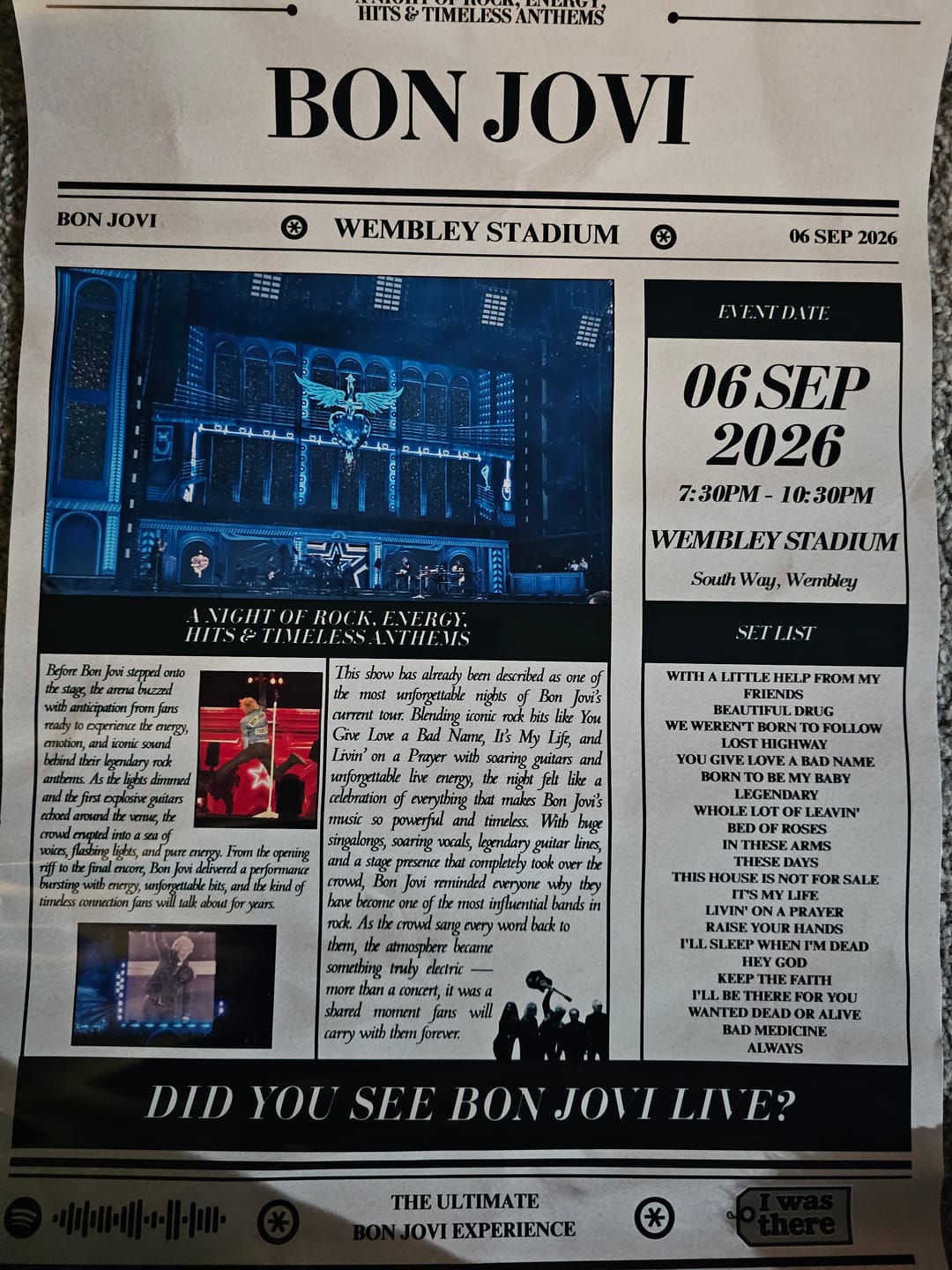 Customer photo review of Bon Jovi - Personalised Newspaper Style Concert Poster