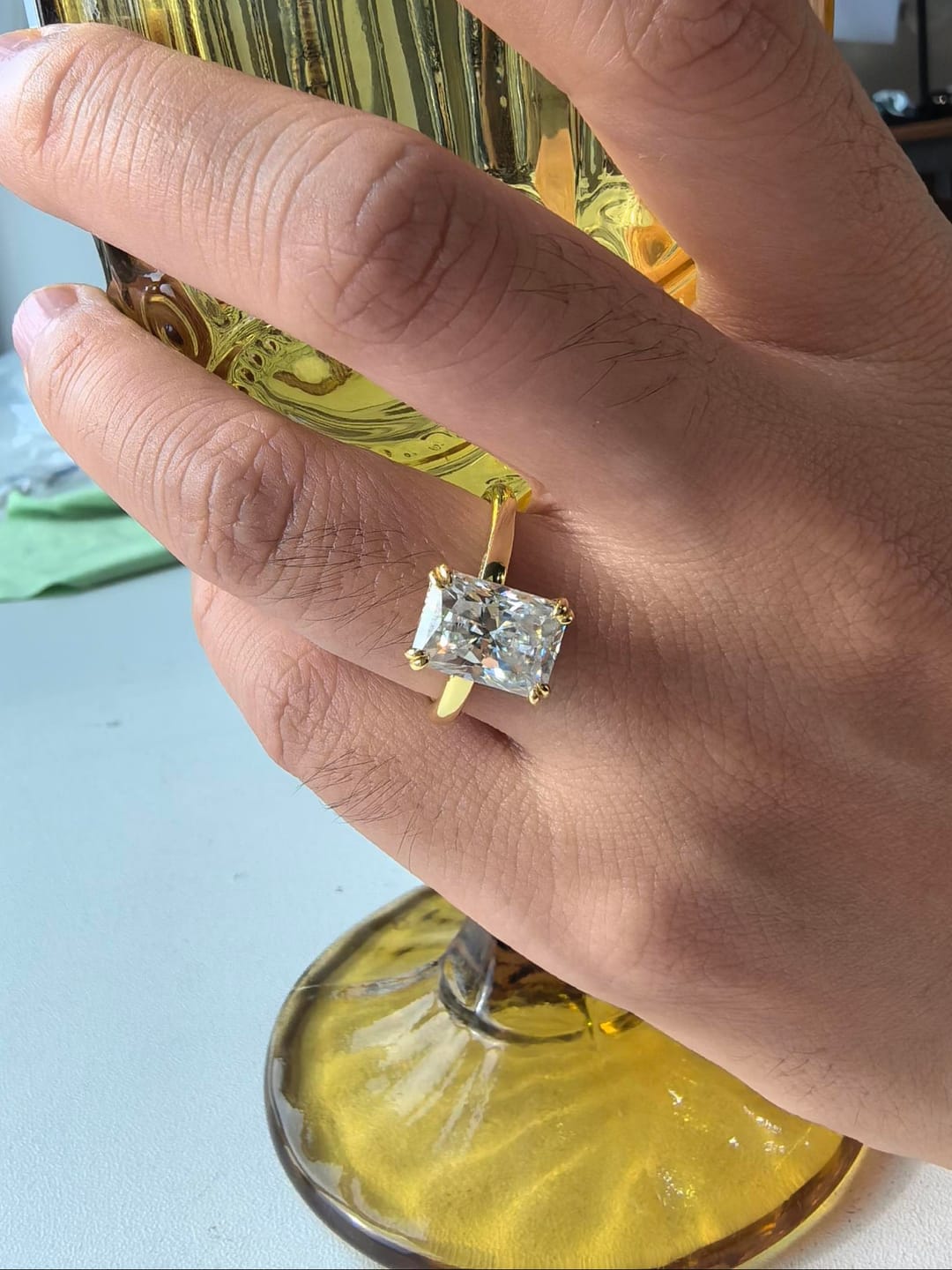 Customer photo review of S925 Moissanite 3.5Ct Radiant Cut Hidden Halo Engagement Ring 18K Yellow Gold Plated Promise Wedding Ring For Women