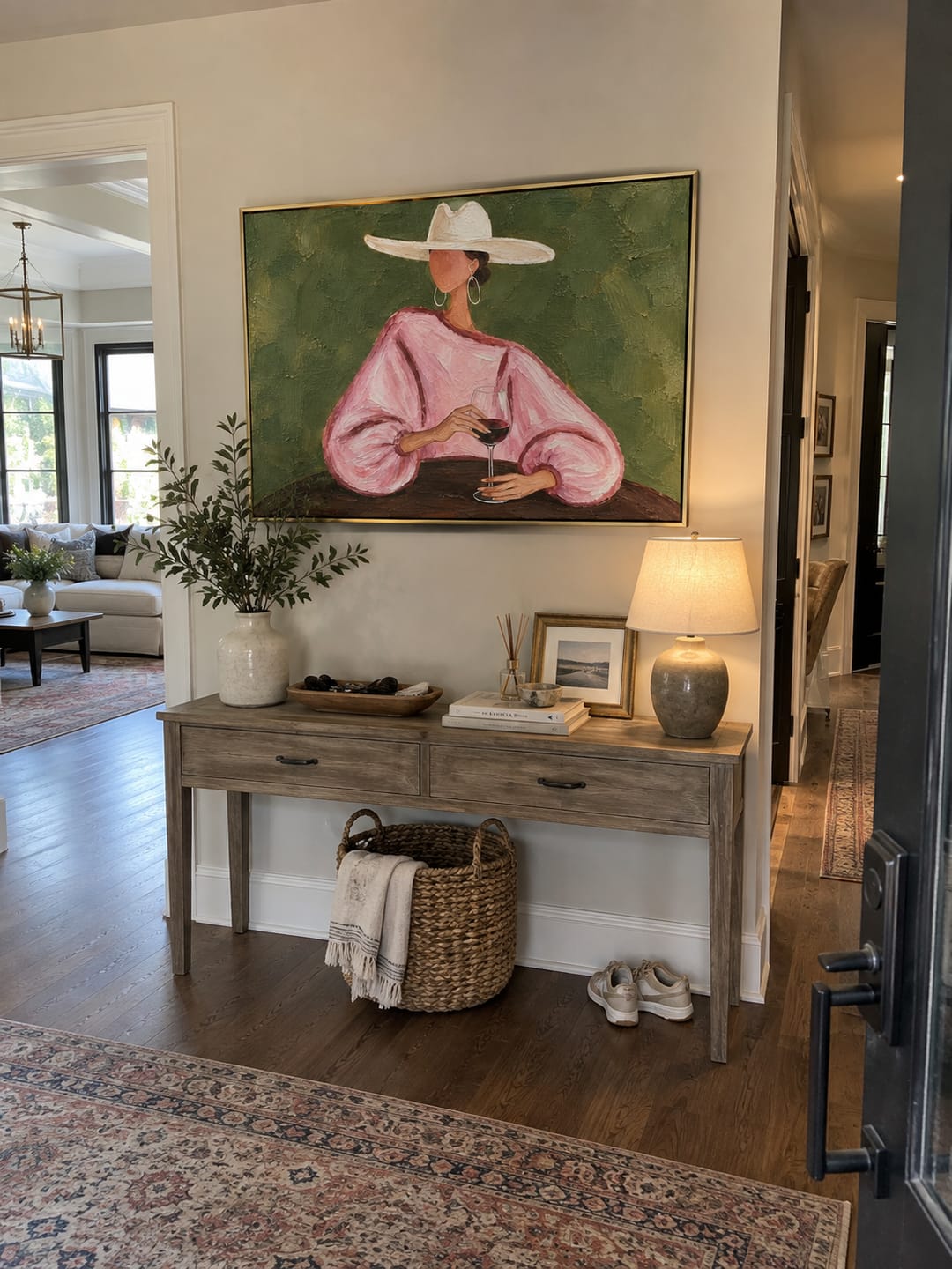 Customer photo review of Pink Sleeves Hold Wine – Pink Sleeve Woman Holding Wine Painting | Retro Modern Horizontal Wall Art