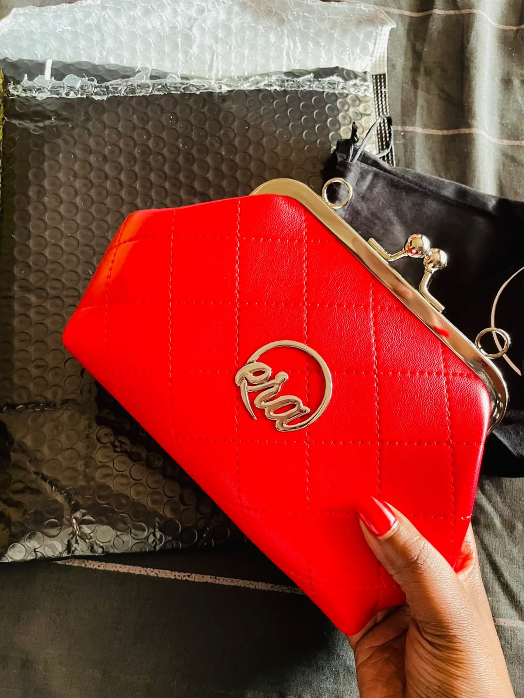 Customer photo review of ERA Mini Kisslock Chain Bag – Red