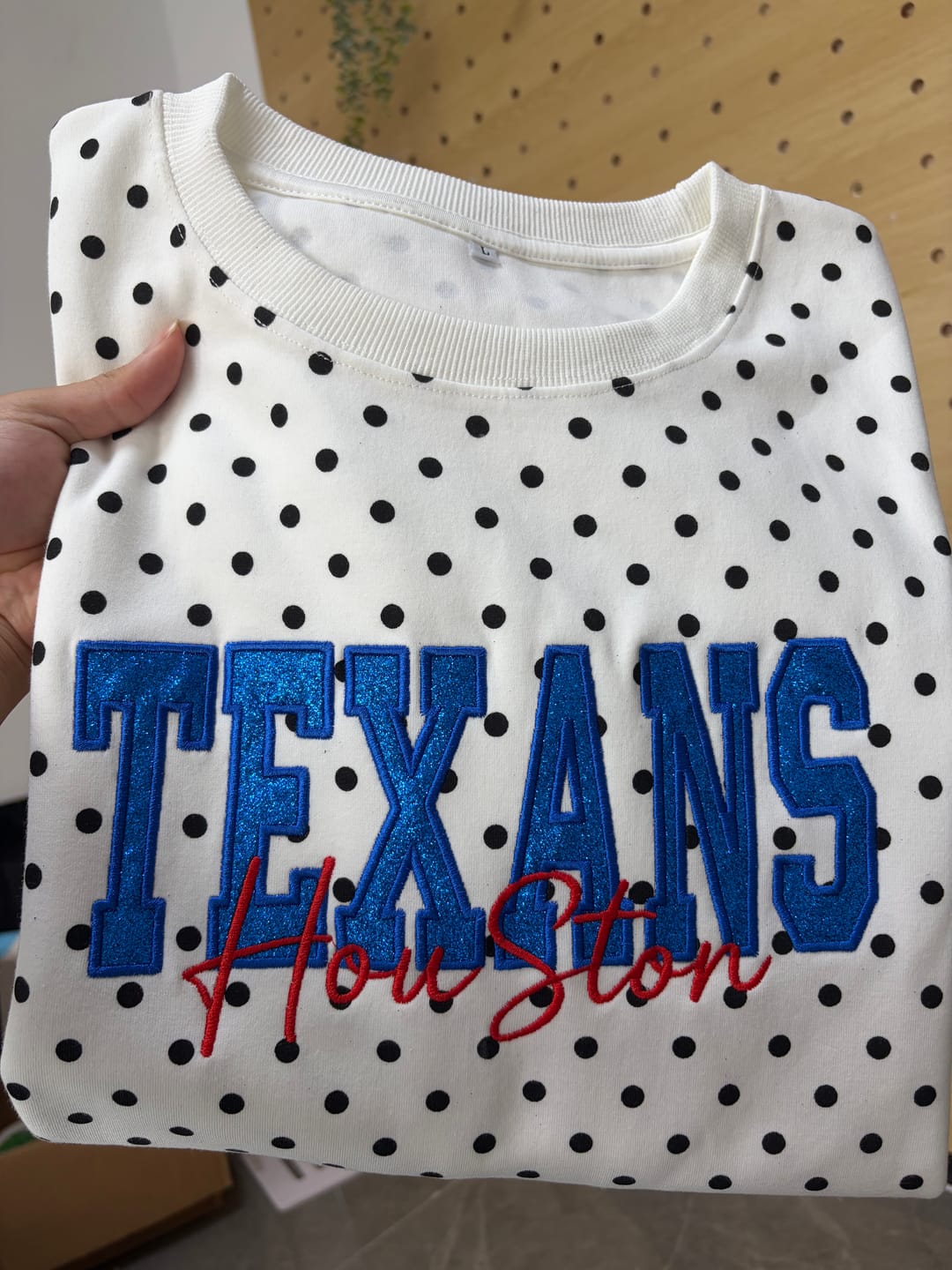 Customer photo review of Custom Embroidered Glitter Vinyl Team Polka Dot Sweatshirt - Game Day Best Gear | Gifts for Sports Mom | Game Day Wear