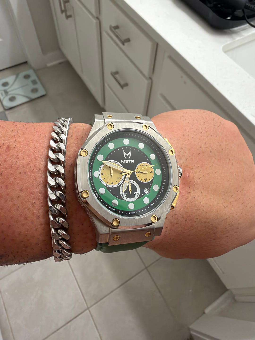 Customer photo review of AM1055LB - AMBASSADOR SILVER / DOOM GREEN LEATHER BAND WATCH
