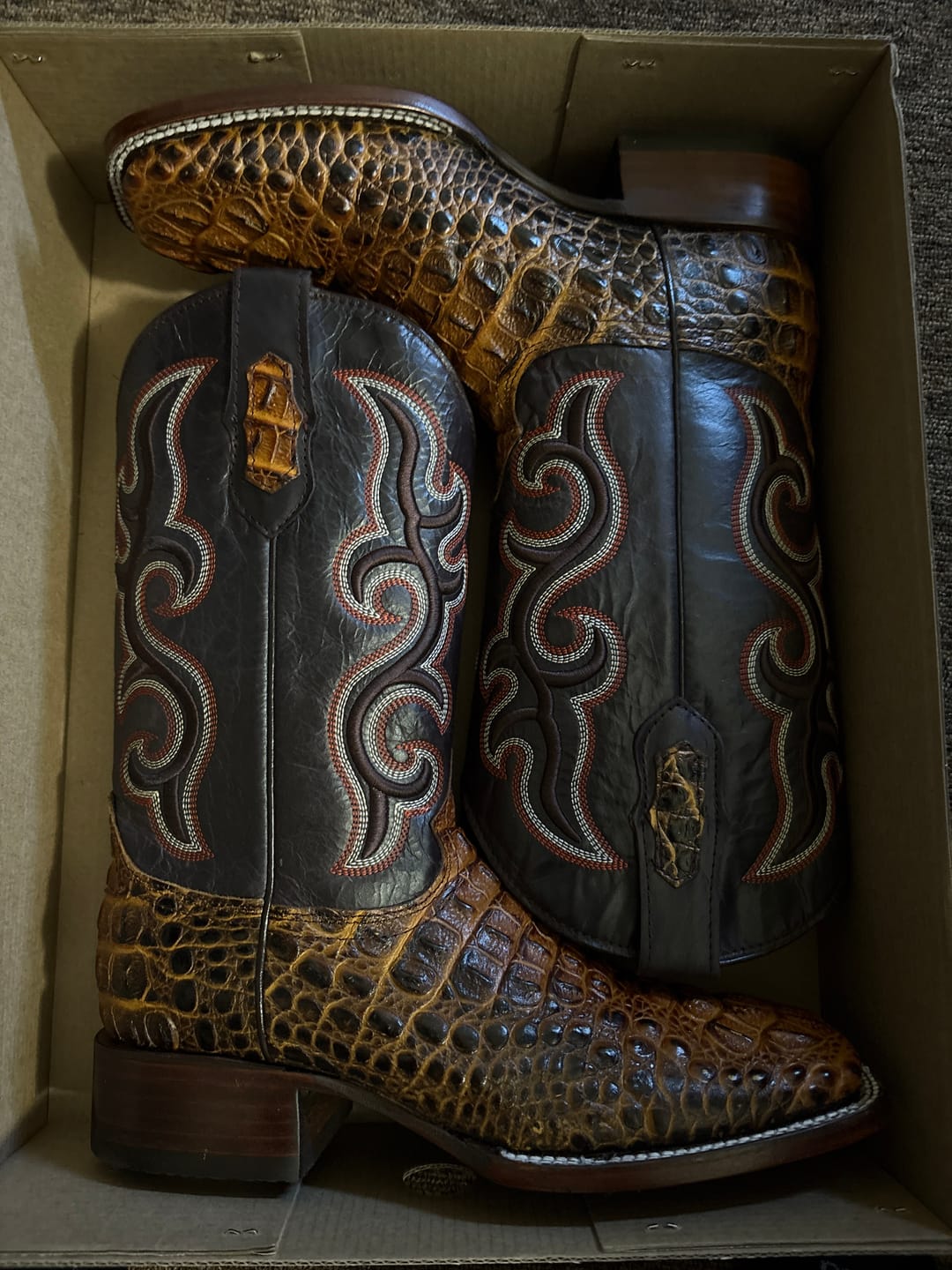 Customer photo review of Cognac & Chocolate Caiman Neck Leather Boots - Square Toe