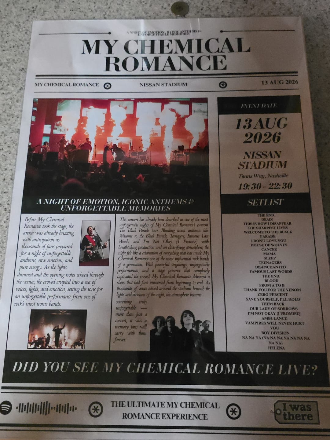 Customer photo review of My Chemical Romance - Personalised Newspaper Style Concert Poster (USA Tour)
