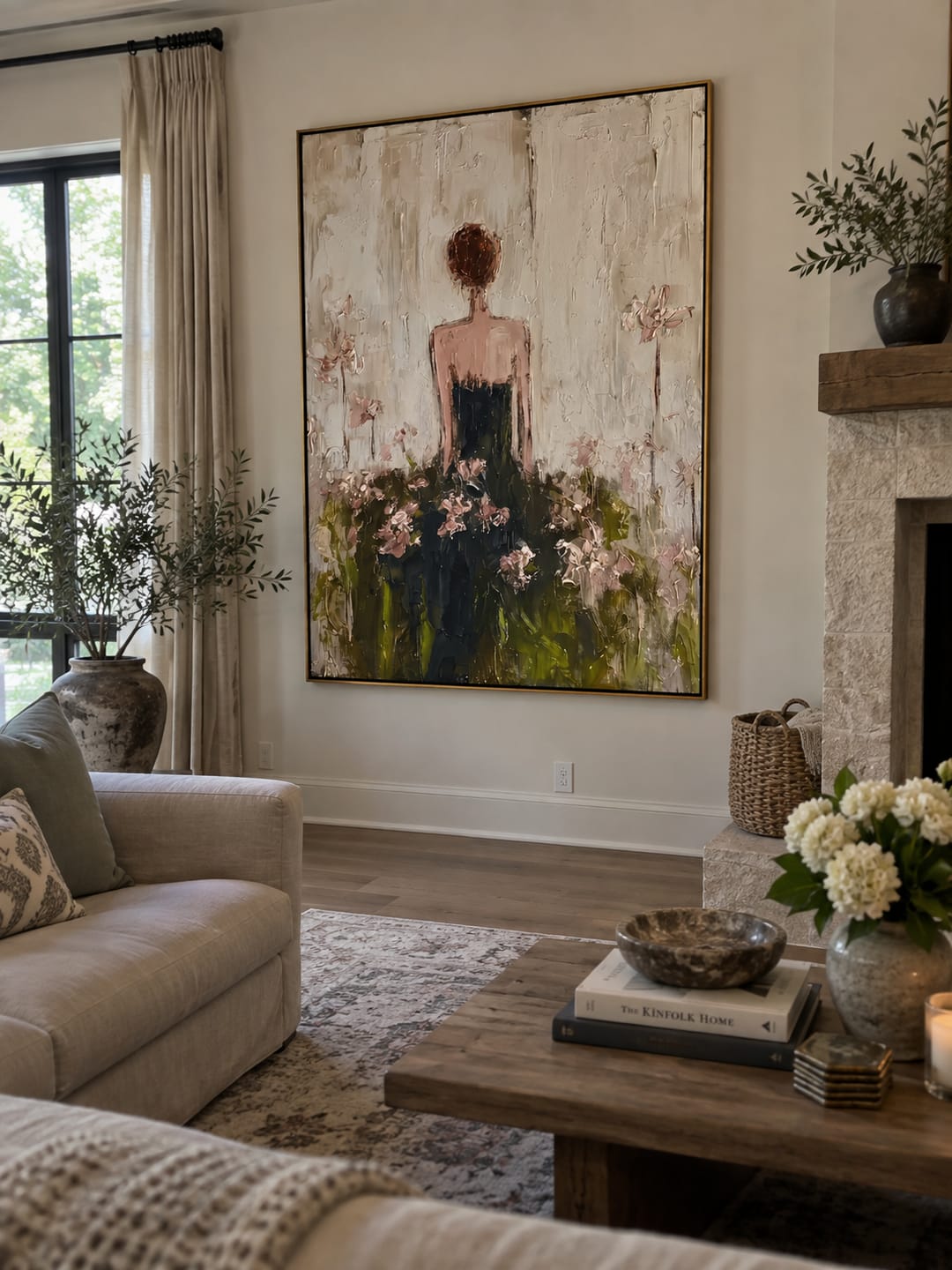 Customer photo review of Flowers Rise Behind Silence – Back Facing Floral Woman Painting | Retro Modern Vertical Wall Art