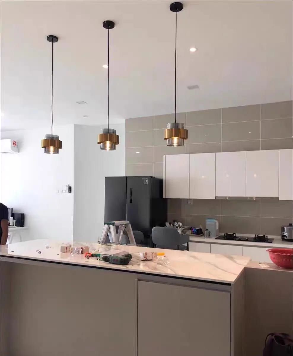 Customer photo review of Amber Cylinder Pendant Light for Kitchen Island, 20 cm