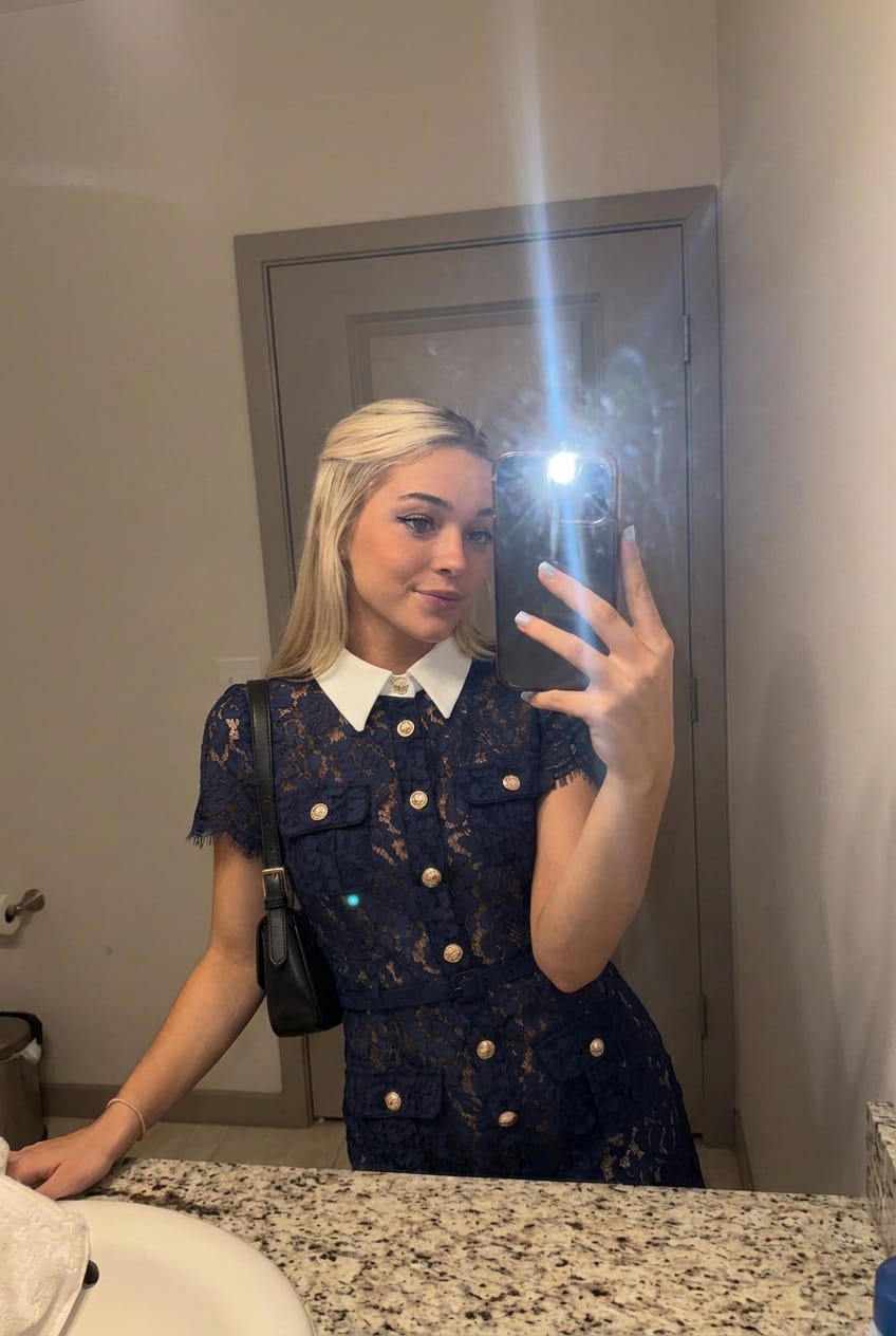 Customer photo review of Contrast-Collar Lace Midi Dress