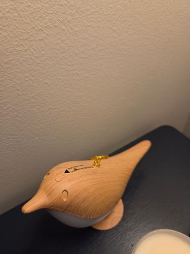 Reviewer's Glow Bird showing the light wood-grain body with a small gold chain attached to the top.