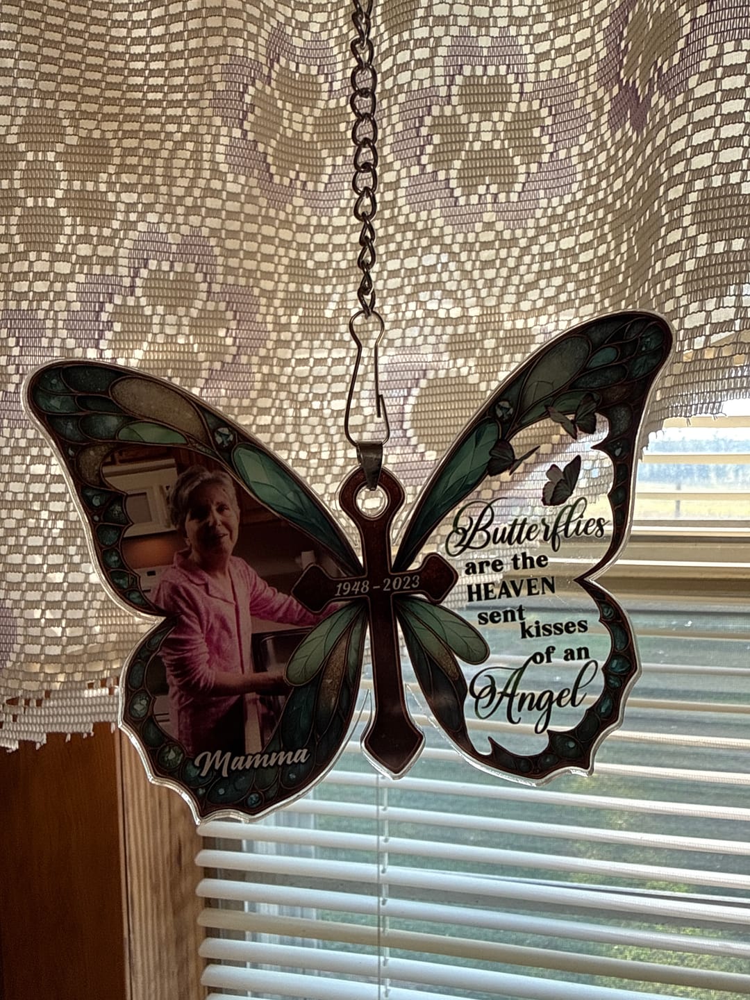 Customer photo review of Personalized Memorial Butterfly Car Hanger with Photo – Always With You