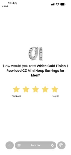 Customer's White Gold Finish 1 Row Iced CZ Mini Hoop Earrings for Men shown on a rating screen.