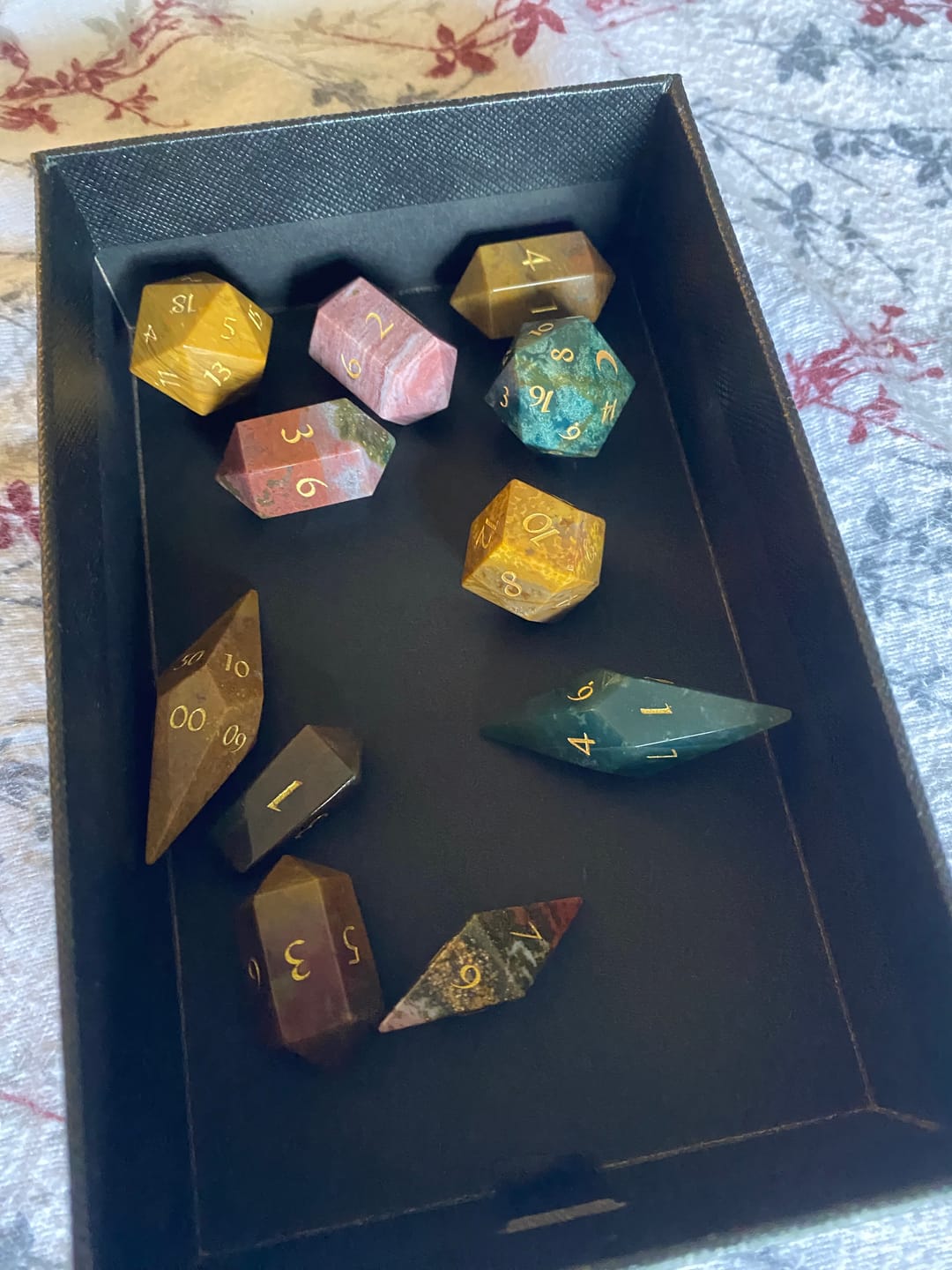 Customer photo review of URWizards D&D Indian Agate Dice Set Crystal Shape
