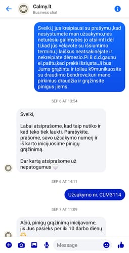 Kliento susirašinėjimas su klientų aptarnavimo tarnyba dėl Shipping Protection užsakymo vėlavimo ir grąžinimo.