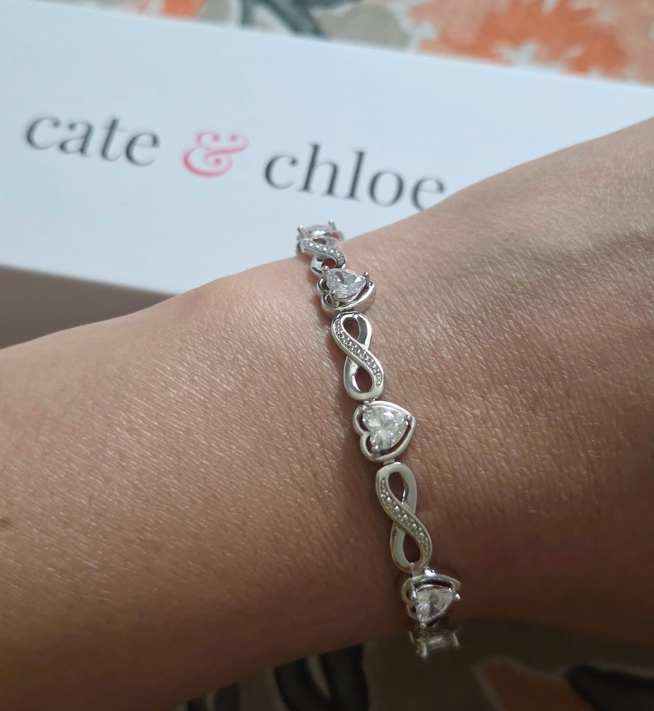 Customer photo review of Amanda 18k White Gold Plated Infinity Heart Tennis Bracelet with Simulated Diamond Crystals