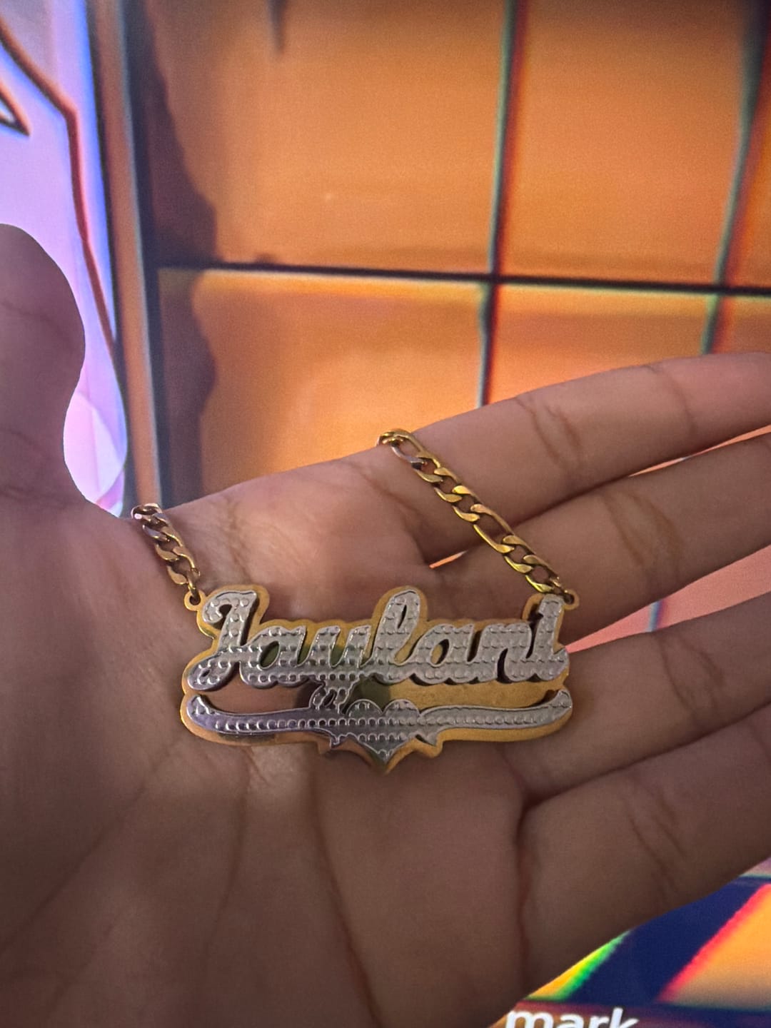 Customer photo review of Double Plated Pop Out Heart Name Necklace w/ Figaro Chain