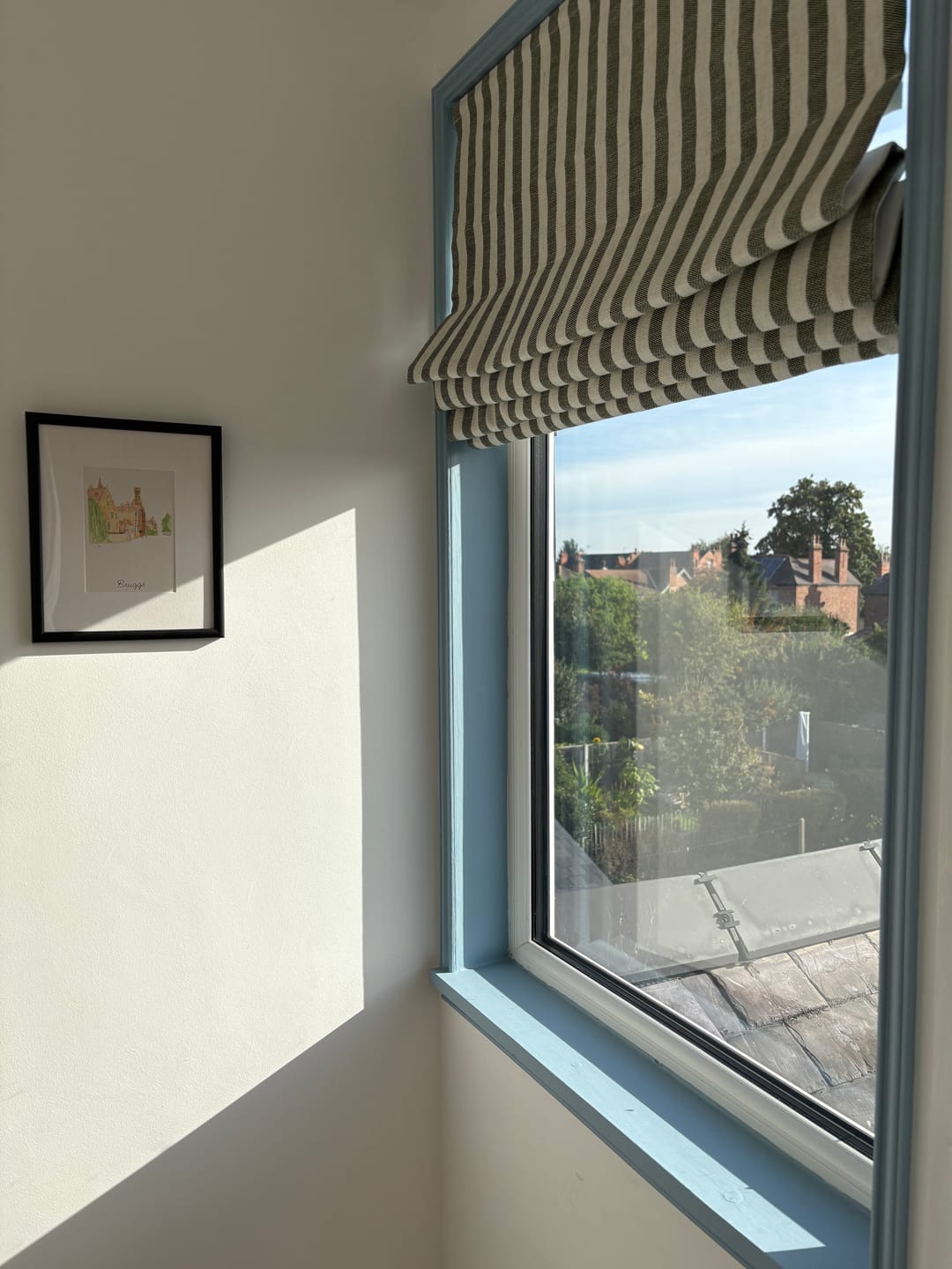 Customer photo review of Milano Flat Fold Linen Blend Striped Cordless Custom Roman Shade