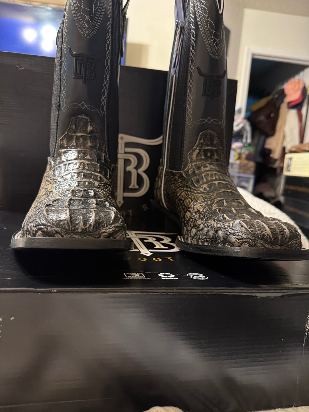Customer photo review of Rustic Black Caiman Neck Leather Boots - Square Toe