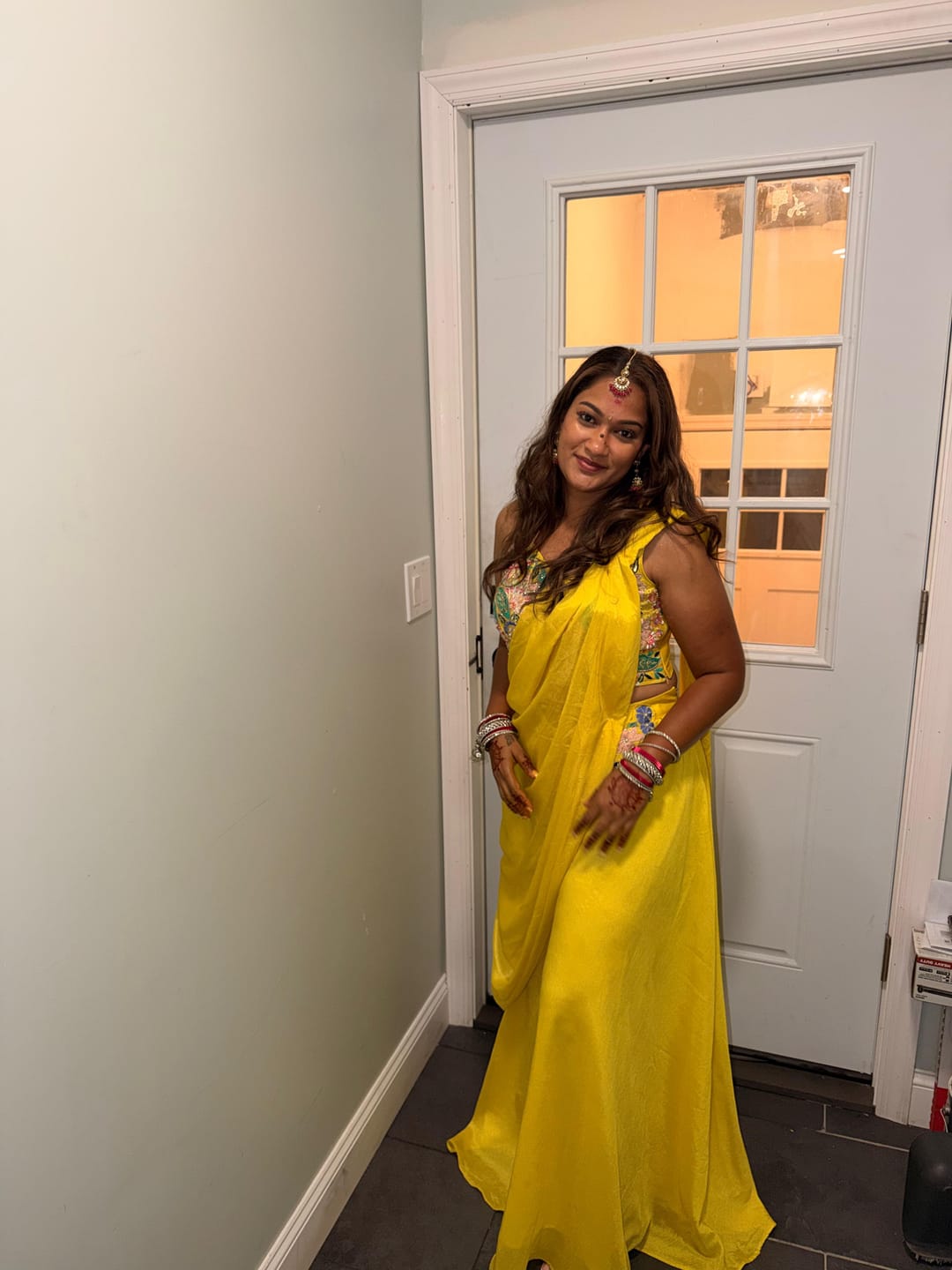 Customer photo review of Sunshine Yellow Floral Embroidered plazo Drape Set – Indo Western Haldi & Mehendi Outfit for Women