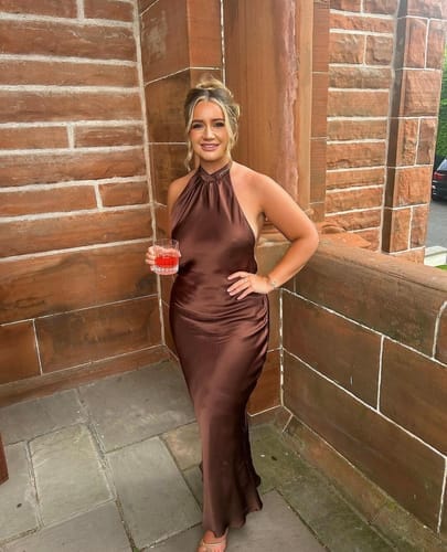 Customer photo review of Chocolate Satin Halter Maxi Dress