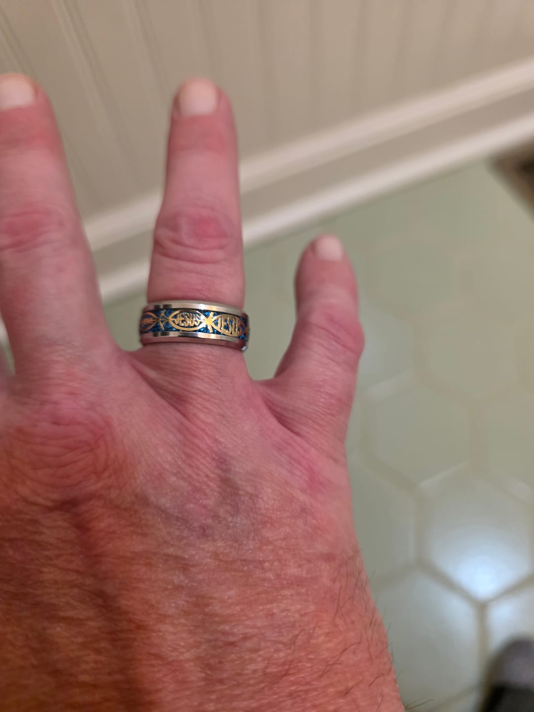 Customer photo review of FREE Today: Rustic Ichthys Jesus Fish Sparkle Ring - Faith and Devotion