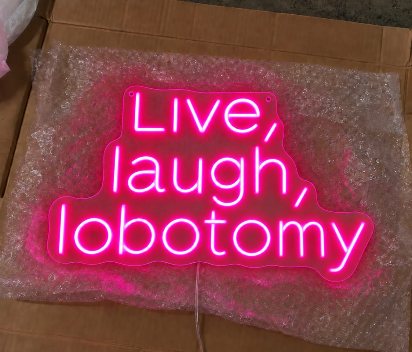 Customer photo review of Live, Laugh, Lobotomy Neon Sign
