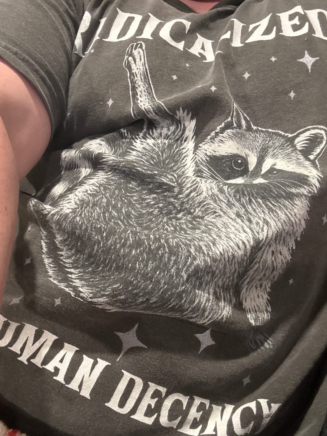 Customer photo review of Raccoon Radicalized by Basic Human Decency Tee