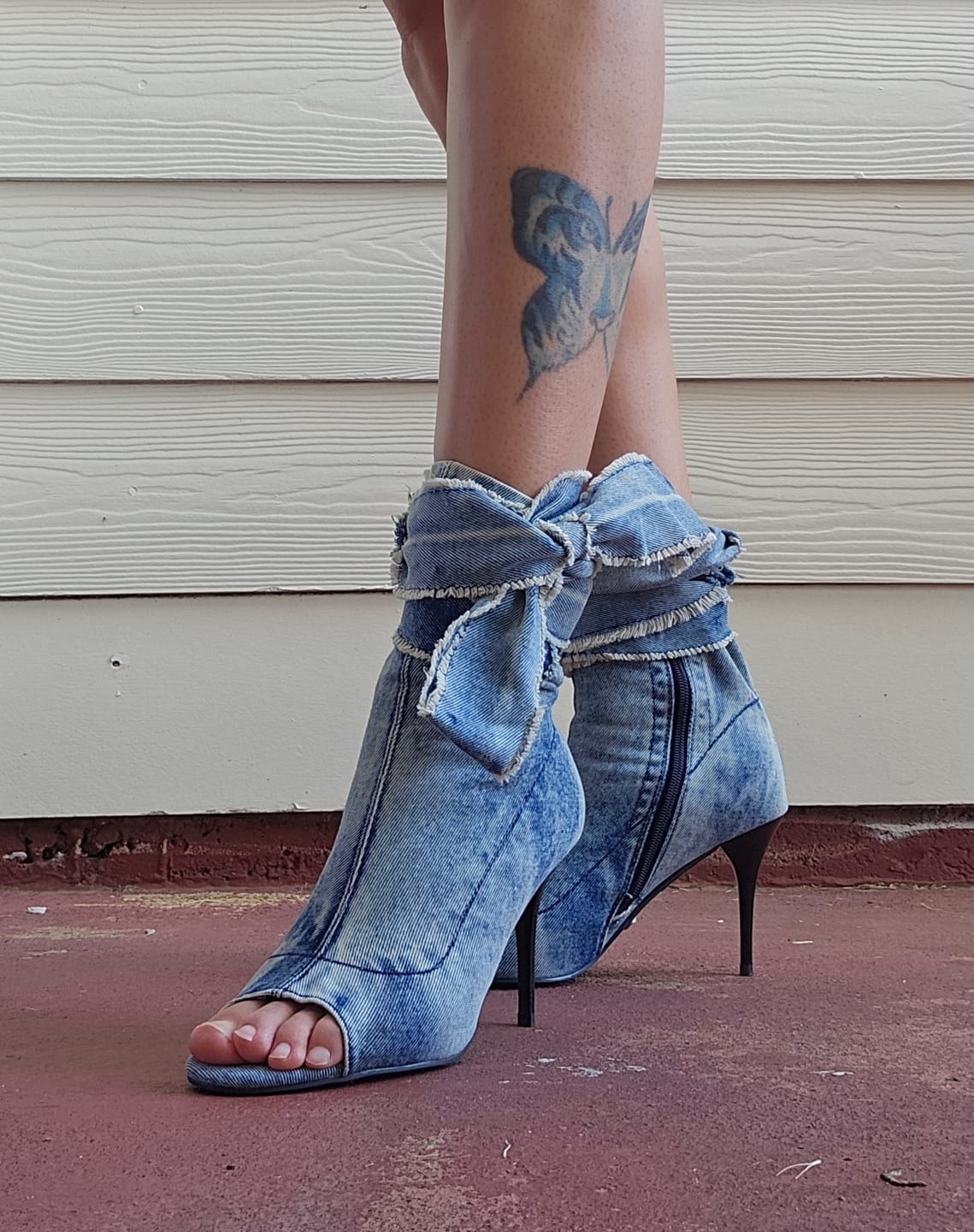 Customer photo review of KARTER-DENIM WRAP-AROUND PEEP TOE BOOTIE