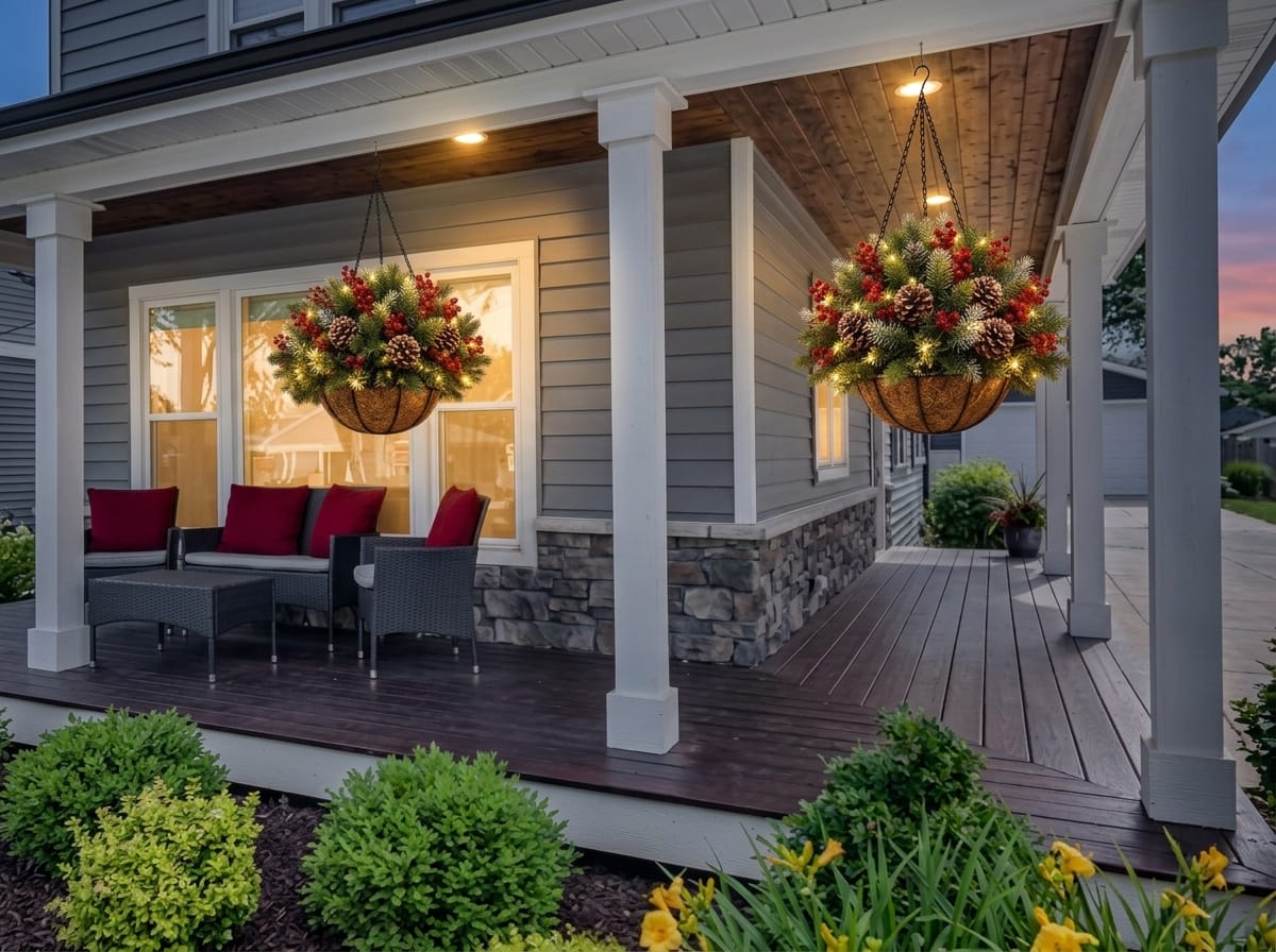 Customer photo review of 🎄 50% OFF Today | ✨ Pre-Lit Christmas Hanging Basket | 🌿 Get Your Porch Ready Early