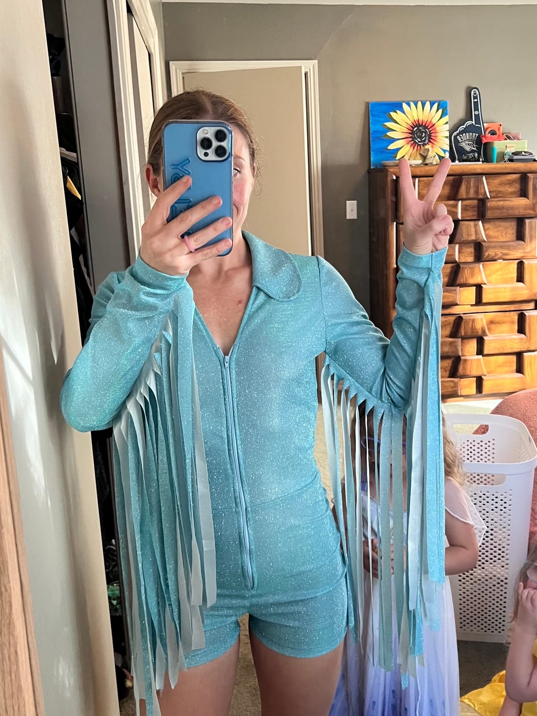 Customer photo review of Glitter Fringe Romper in Sky Blue