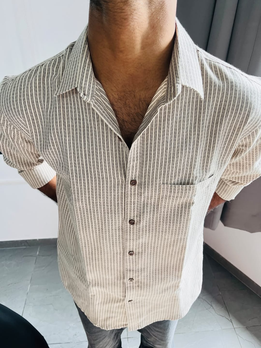 Customer photo review of REBELAW Premium Beige Stripe Cotton Regular Fit Shirt