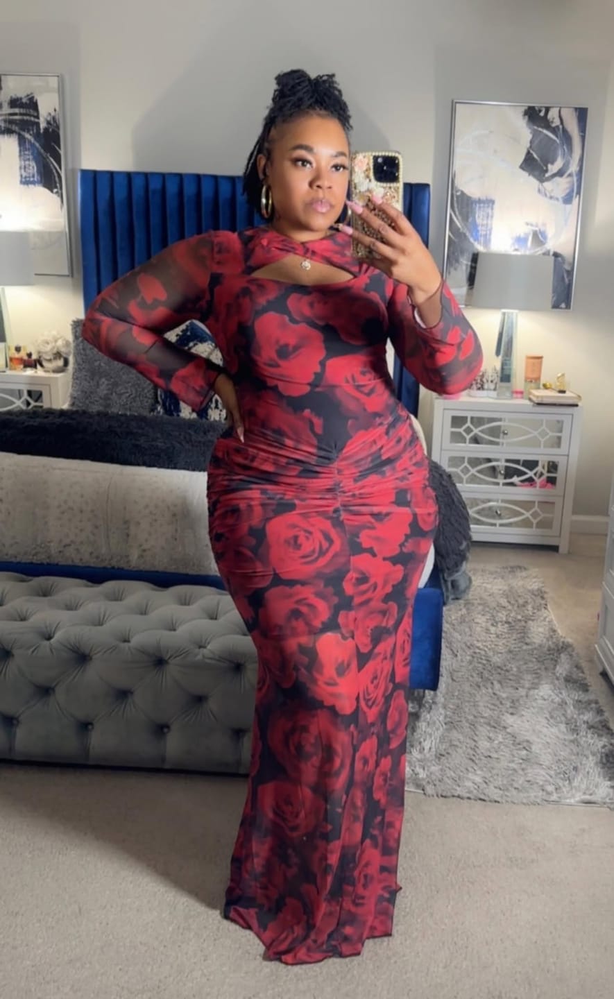 Customer photo review of Women's Cutout Chest Ruched Waist Bodycon Mesh Maxi Dress