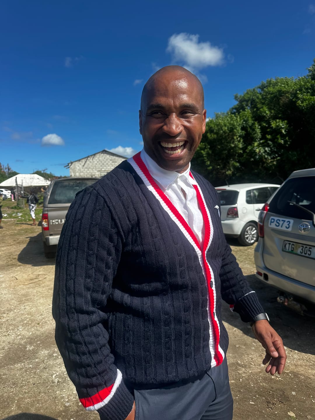 Customer photo review of Garment 02: Navy Blue, Red and White Tennis Cardigan
