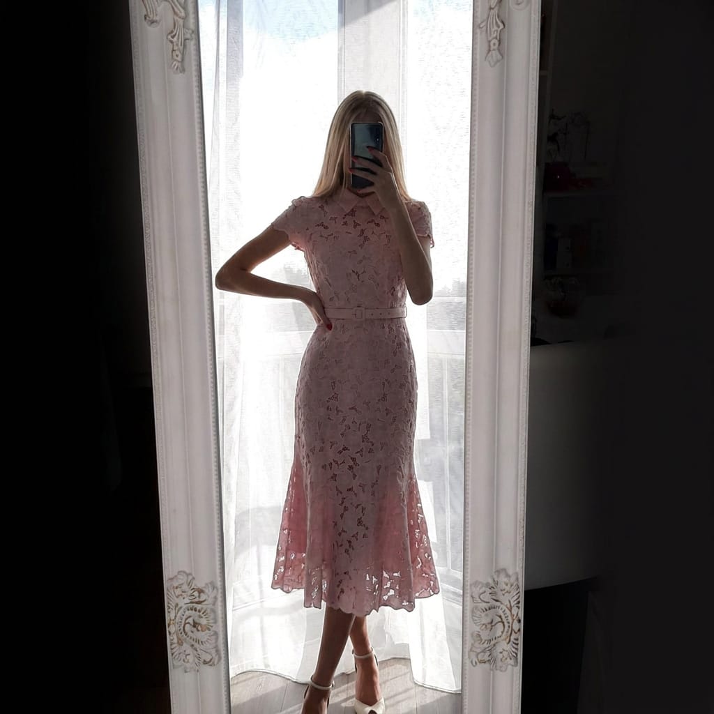 Customer photo review of Pink Floral Lace Midi Dress