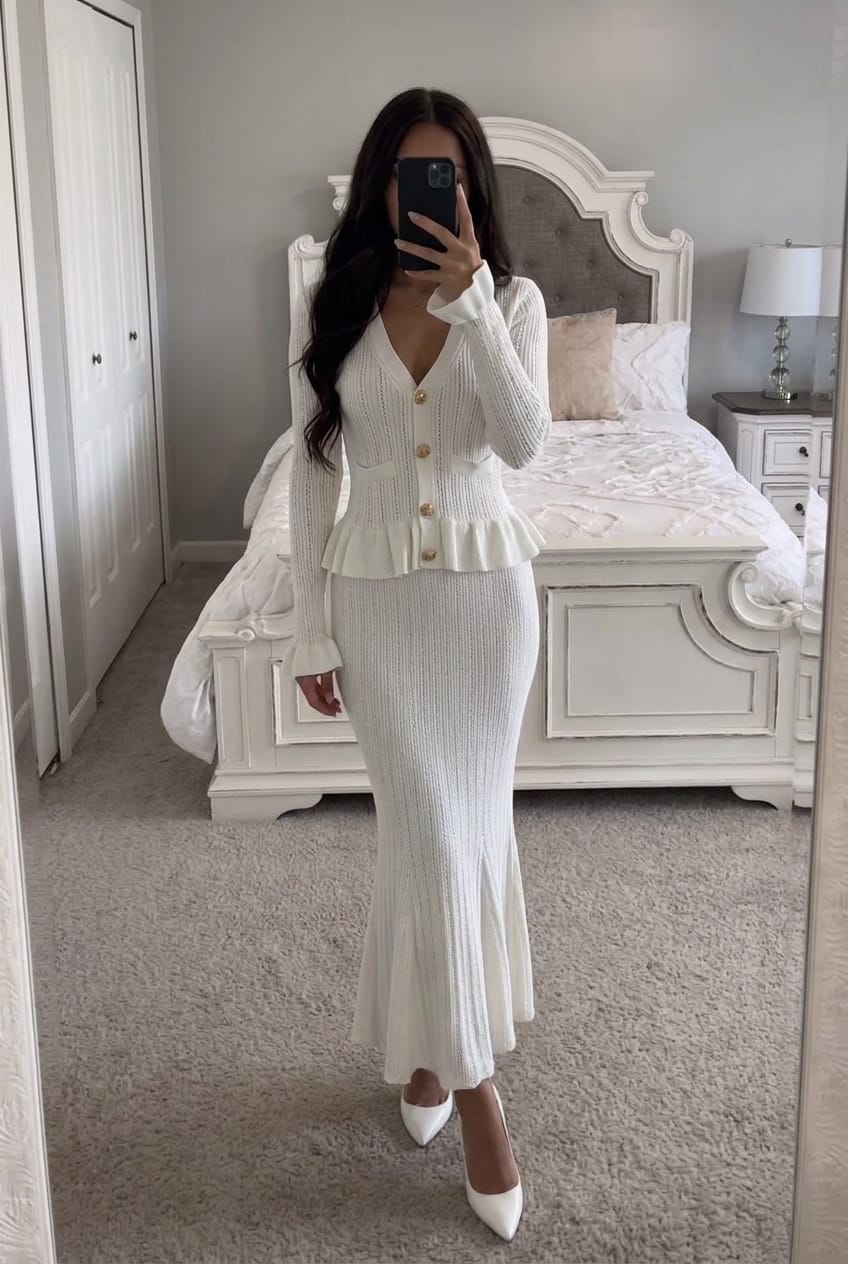 Customer photo review of White Ruffled Knit Skirt Set