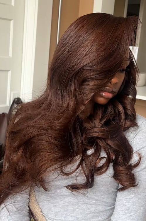 Customer photo review of Wavymy Chestnut Brown Curtain Bangs Layered Cut Loose Body Wave Wear Go Glueless Customized Wig