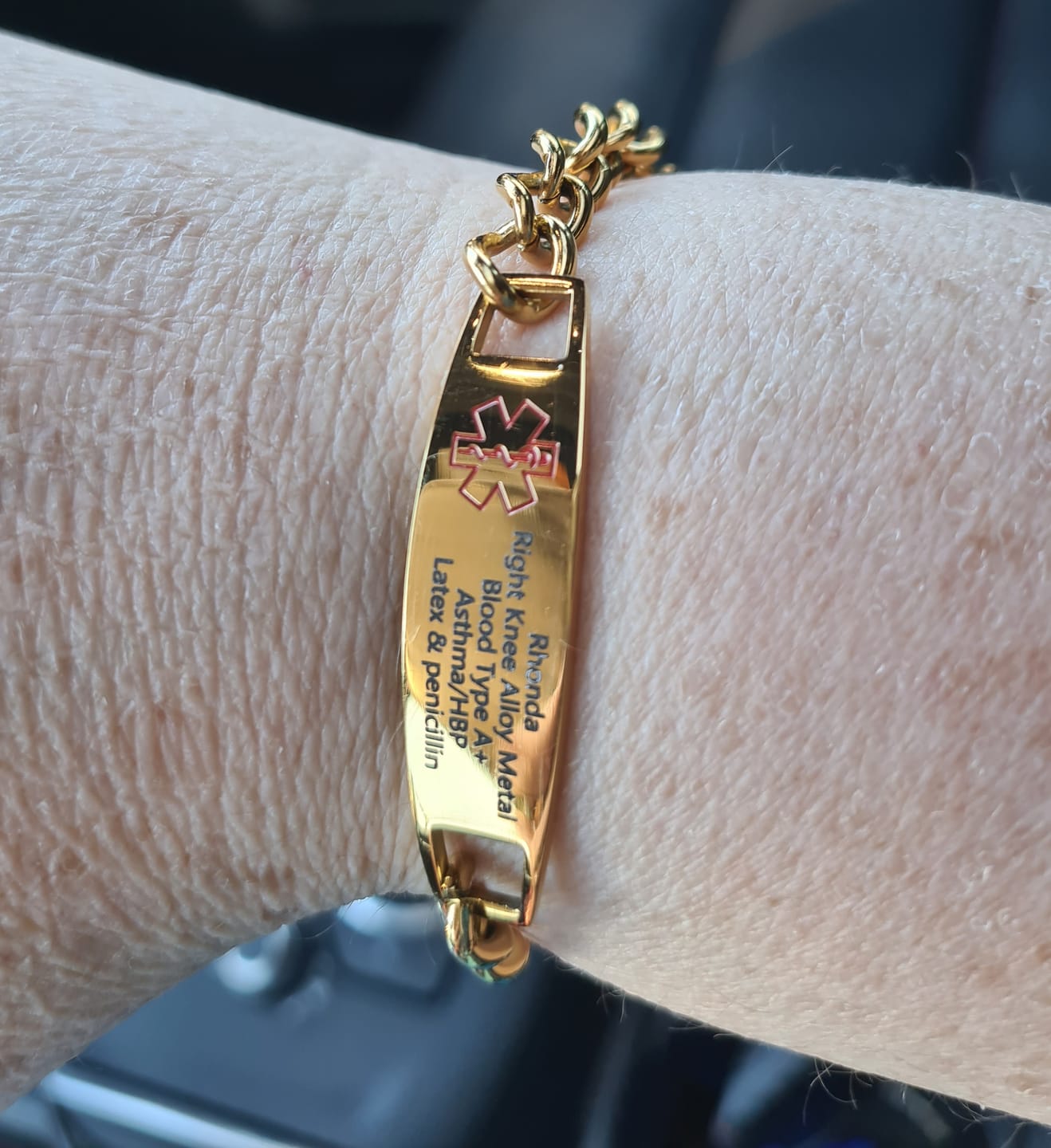 Customer photo review of Personalised Gold Colour Medical Alert Chain Bracelet