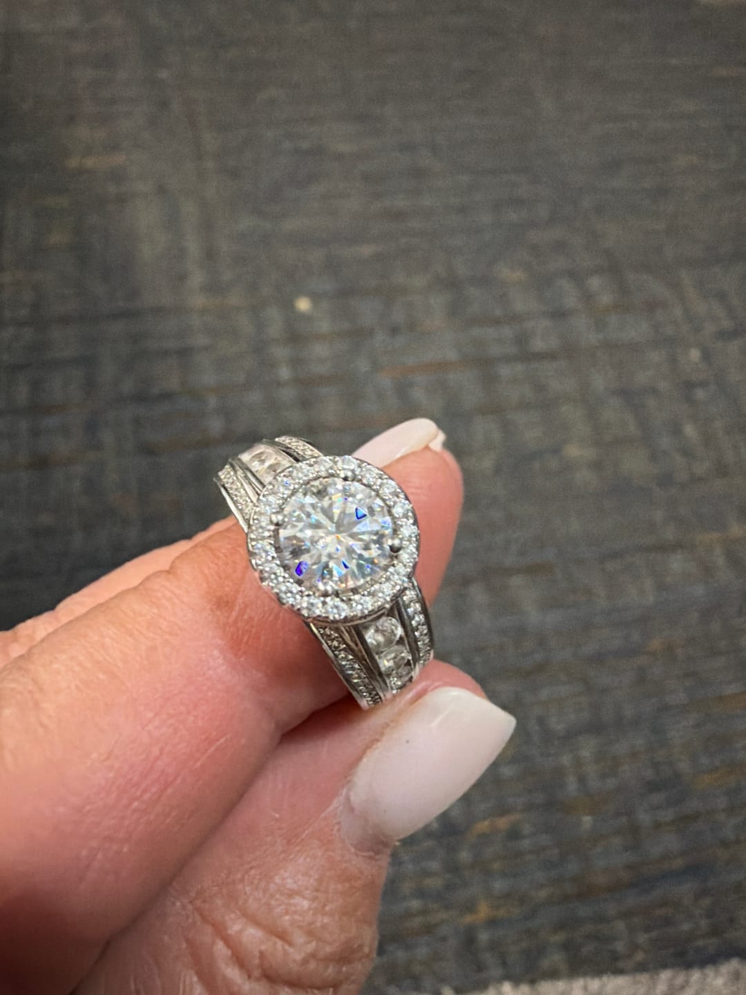 Customer photo review of Halo Moissanite Graduated Triple Row Pave Engagement Ring