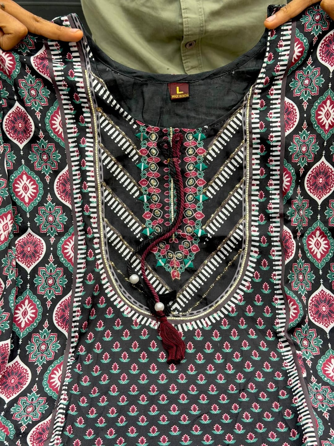 Customer photo review of Black Tesla Slub Embroidered Kurti Pant Set with White Thread Work