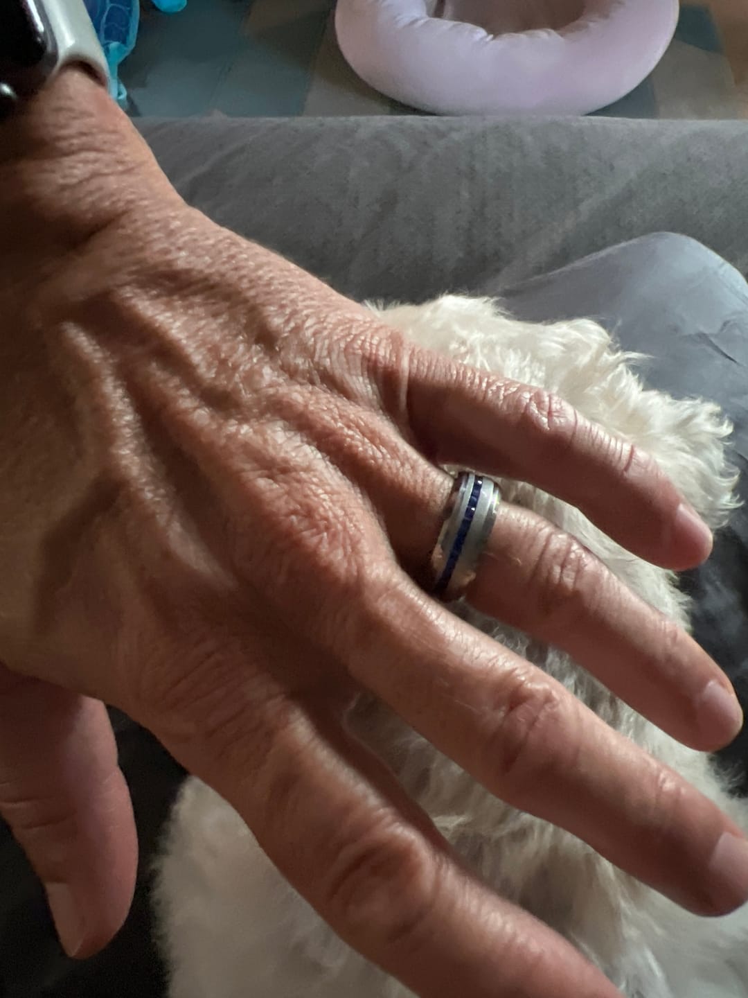 Customer photo review of 8mm - Mens Titanium Wedding Band With Blue Sapphire Titanium Ring