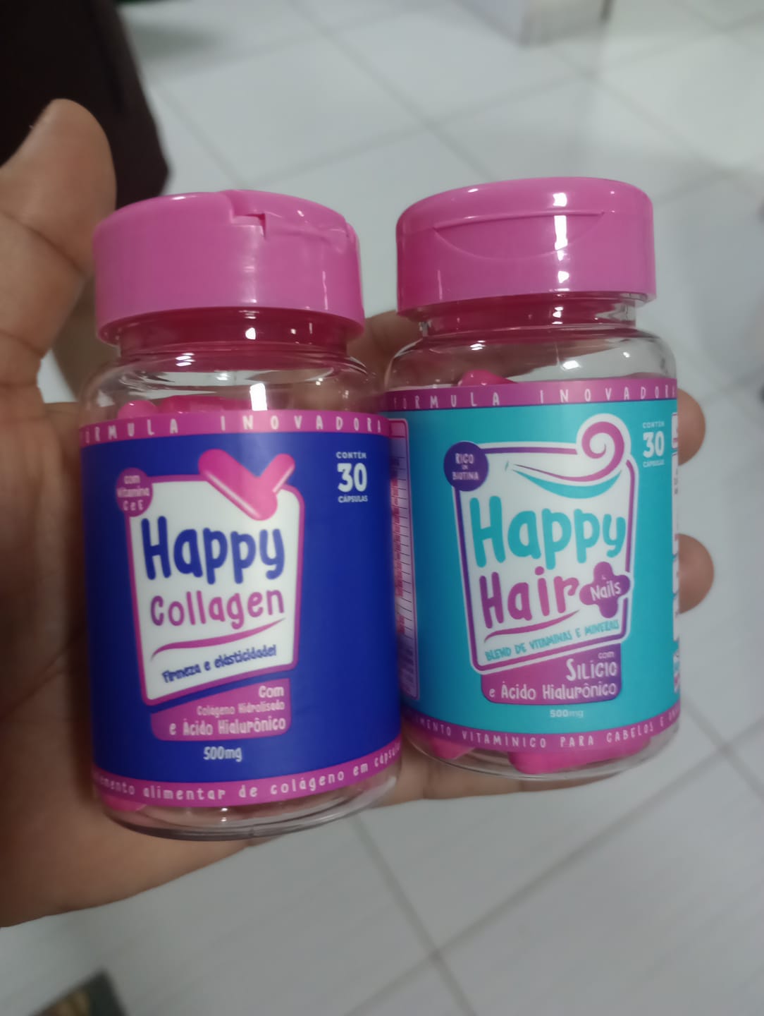 Customer photo review of Happy Hair 3 Potes + 1 Colágeno Grátis