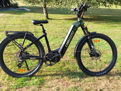 Customer's green Lankeleisi MG600 Lite e-bike parked on grass in a park setting.