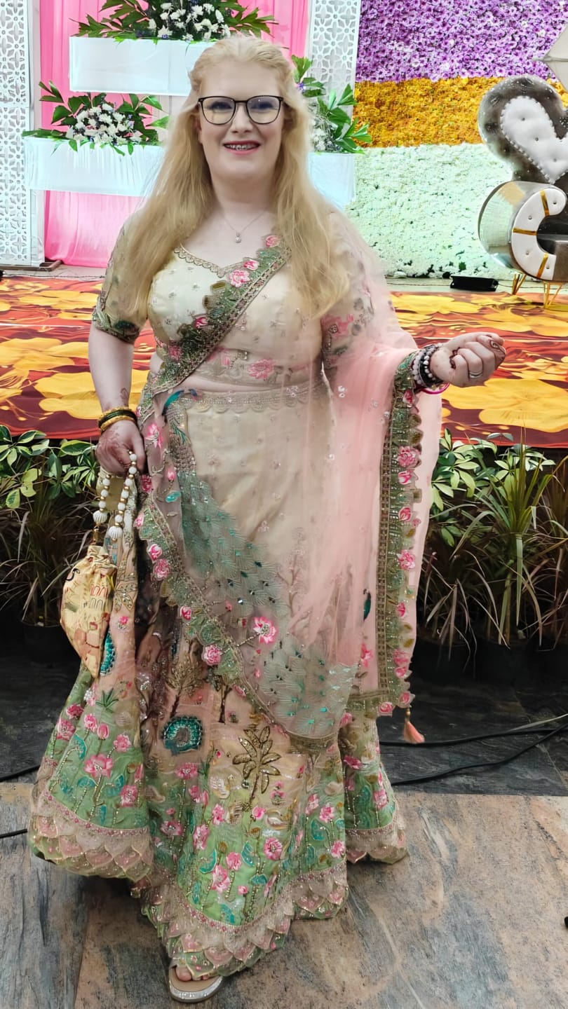 Customer photo review of Greenish Blue & Pink Viscose Tissue Silk Lehenga Choli with Stunning Floral Embroidery & Sequins Design