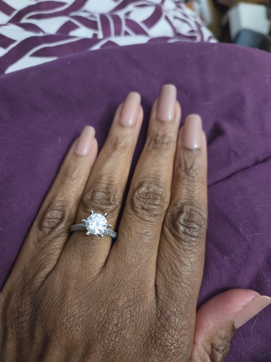 Customer photo review of Knife Edge Pave Moissanite Sterling Silver Engagement Ring