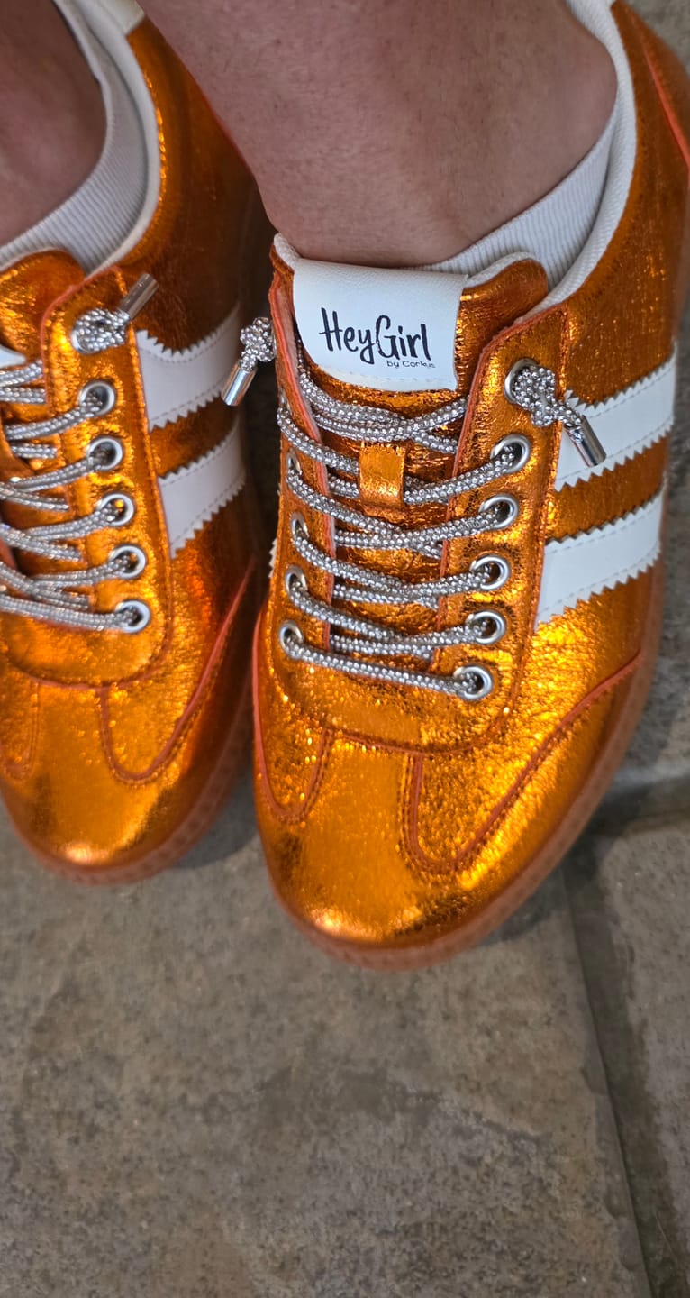 Customer photo review of Corky's Orange Metallic Heads Up Sneakers