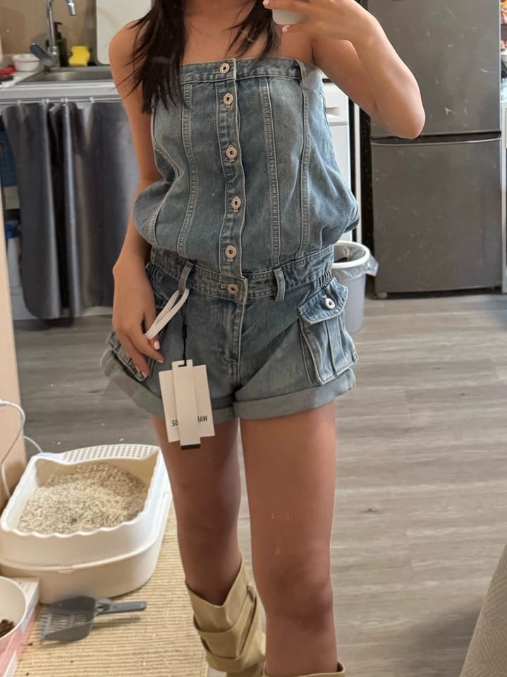 Customer photo review of WARDEN EDGE Strapless Denim Utility Romper