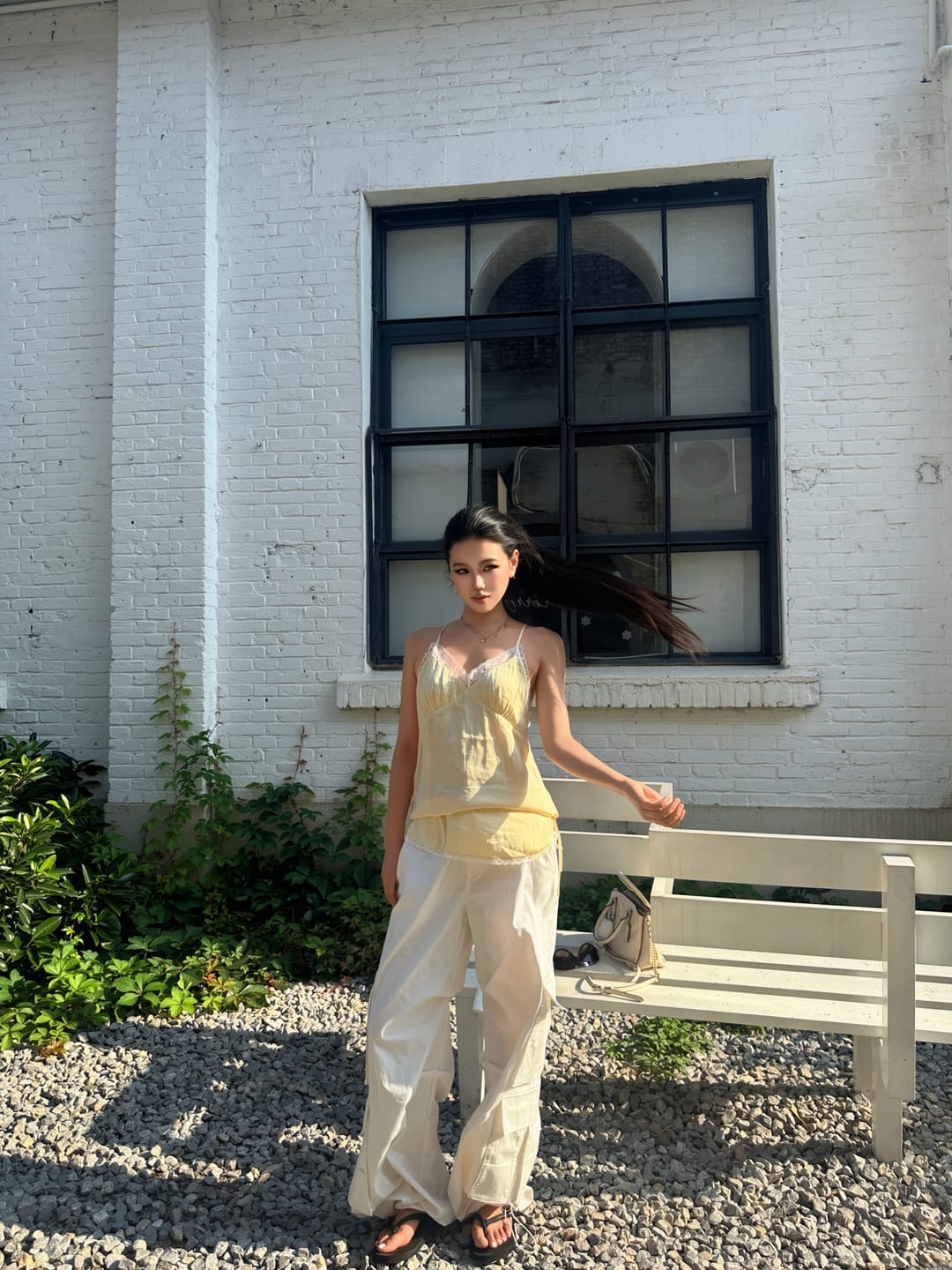 Customer photo review of ROVENTE Lace Trim Ruched Satin Camisole Top