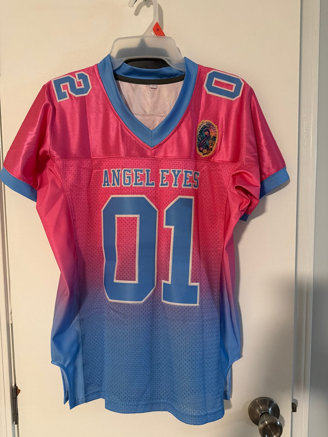 Customer photo review of Custom Pink Light Blue-White Gradient Fashion Outdoor Authentic American Football Jersey